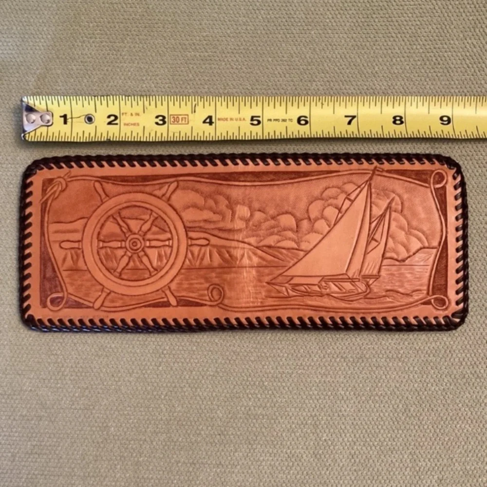 Unused vintage 50s 60s wallet billfold, embossed leather with sailboat and wheel